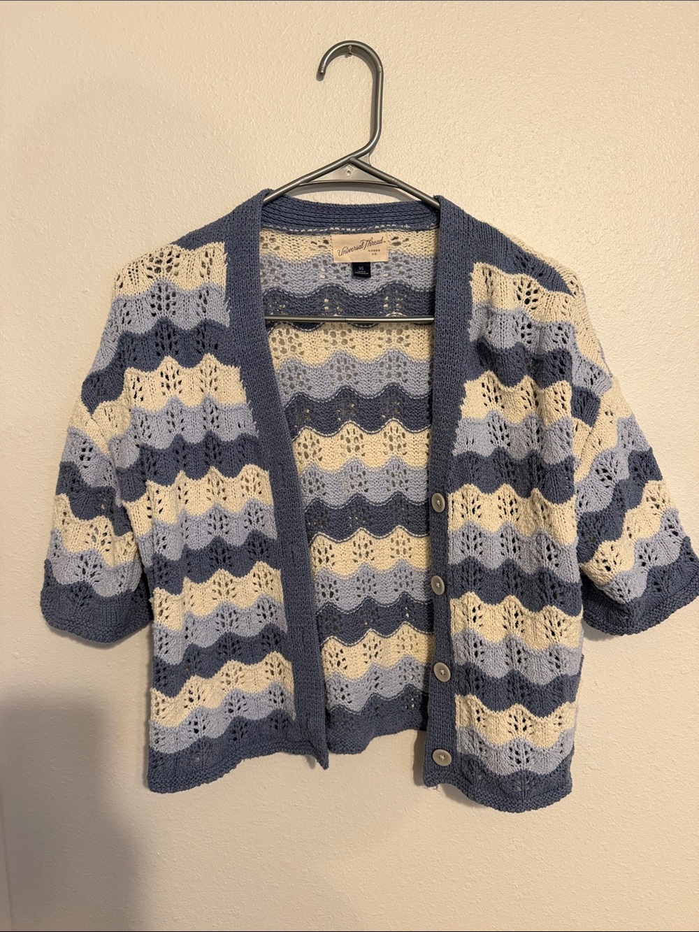 Universal Thread Short-Sleeve Crochet Button-Front Cardigan - Blue & Cream